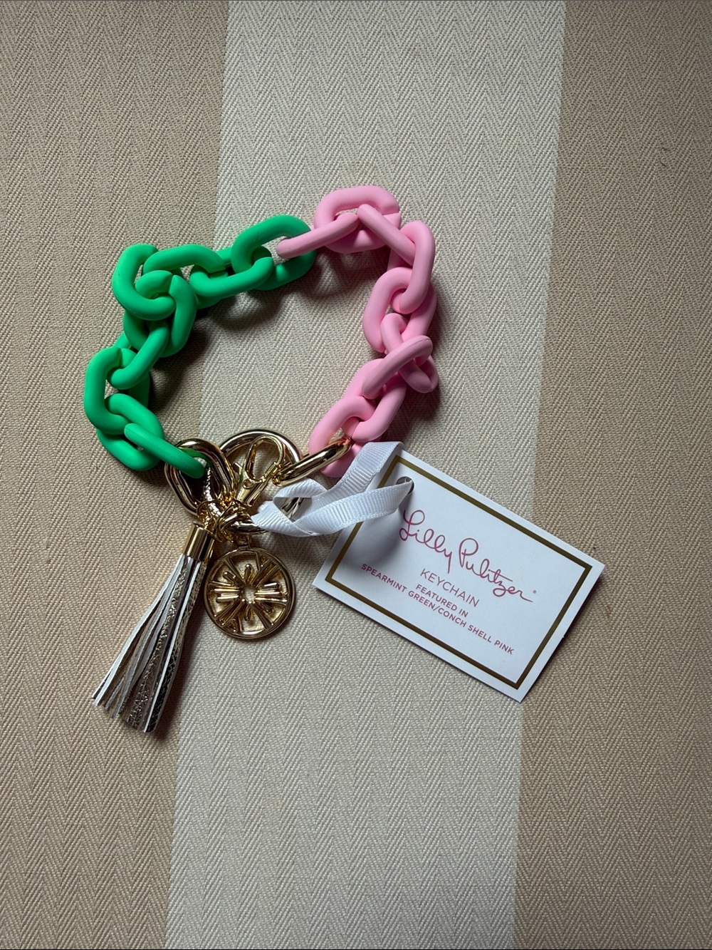 Lilly Pulitzer Green & Pink Chunky Link Keychain with Gold Tassel